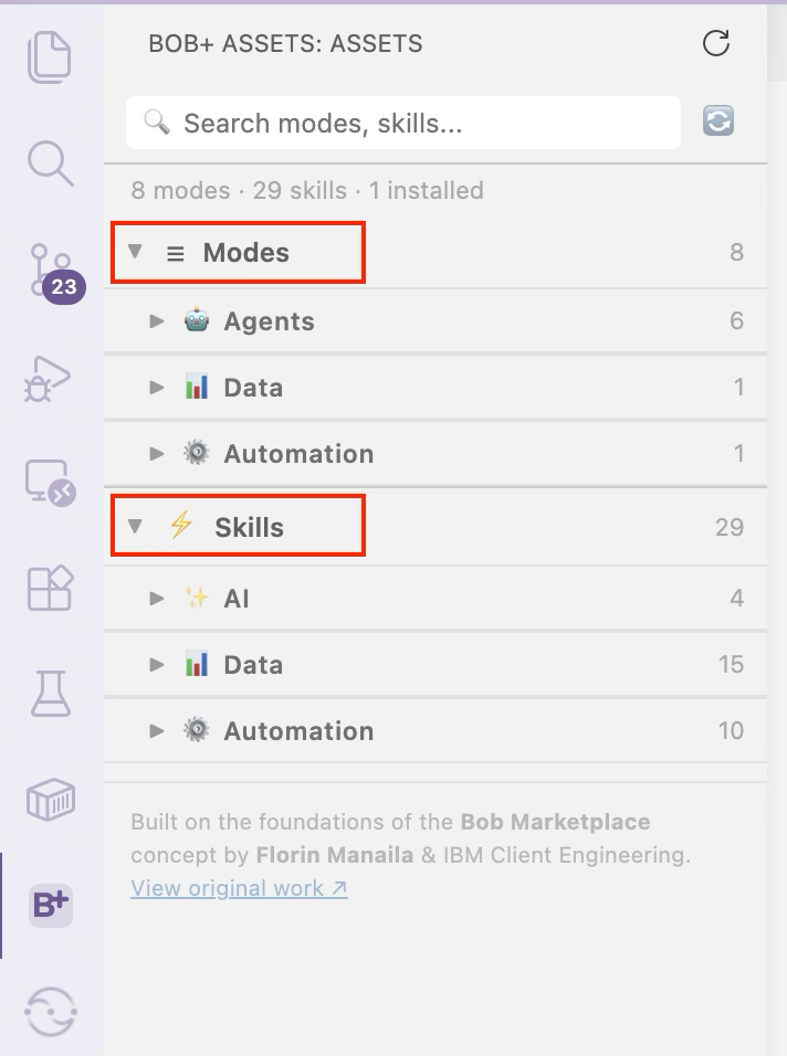 Bob+ sidebar showing Modes and Skills