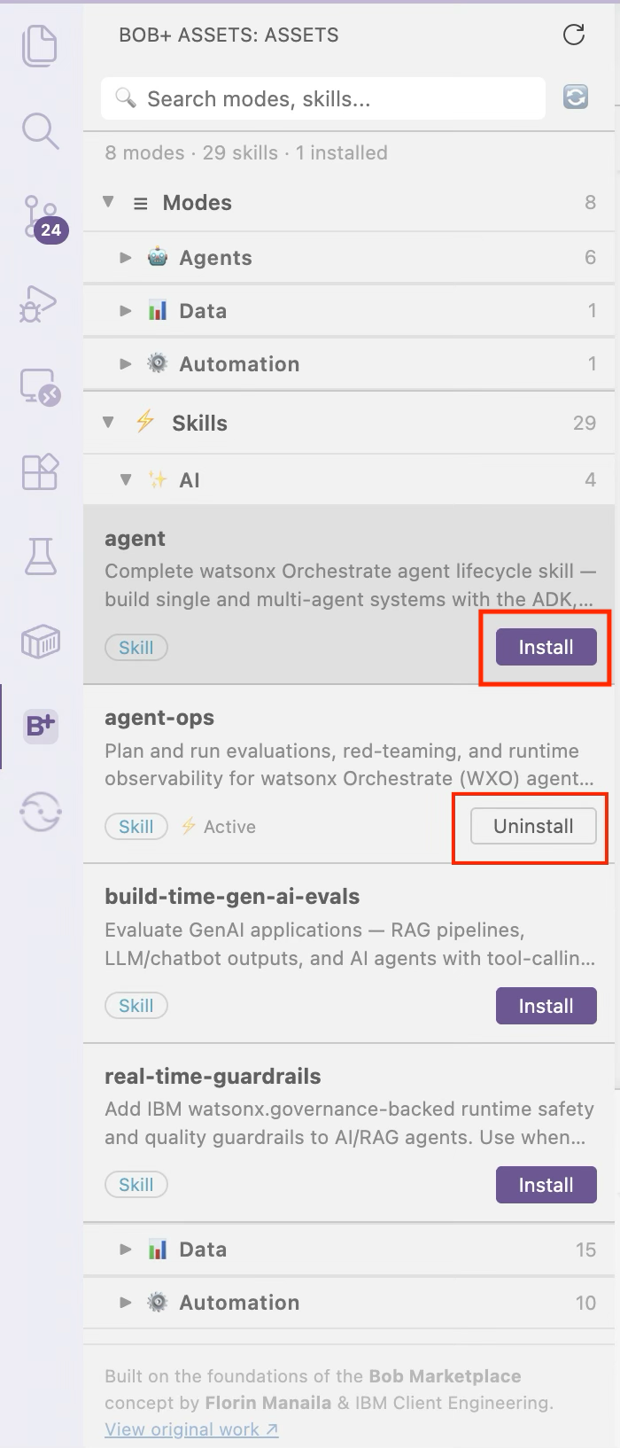 Install and Uninstall buttons on skill cards